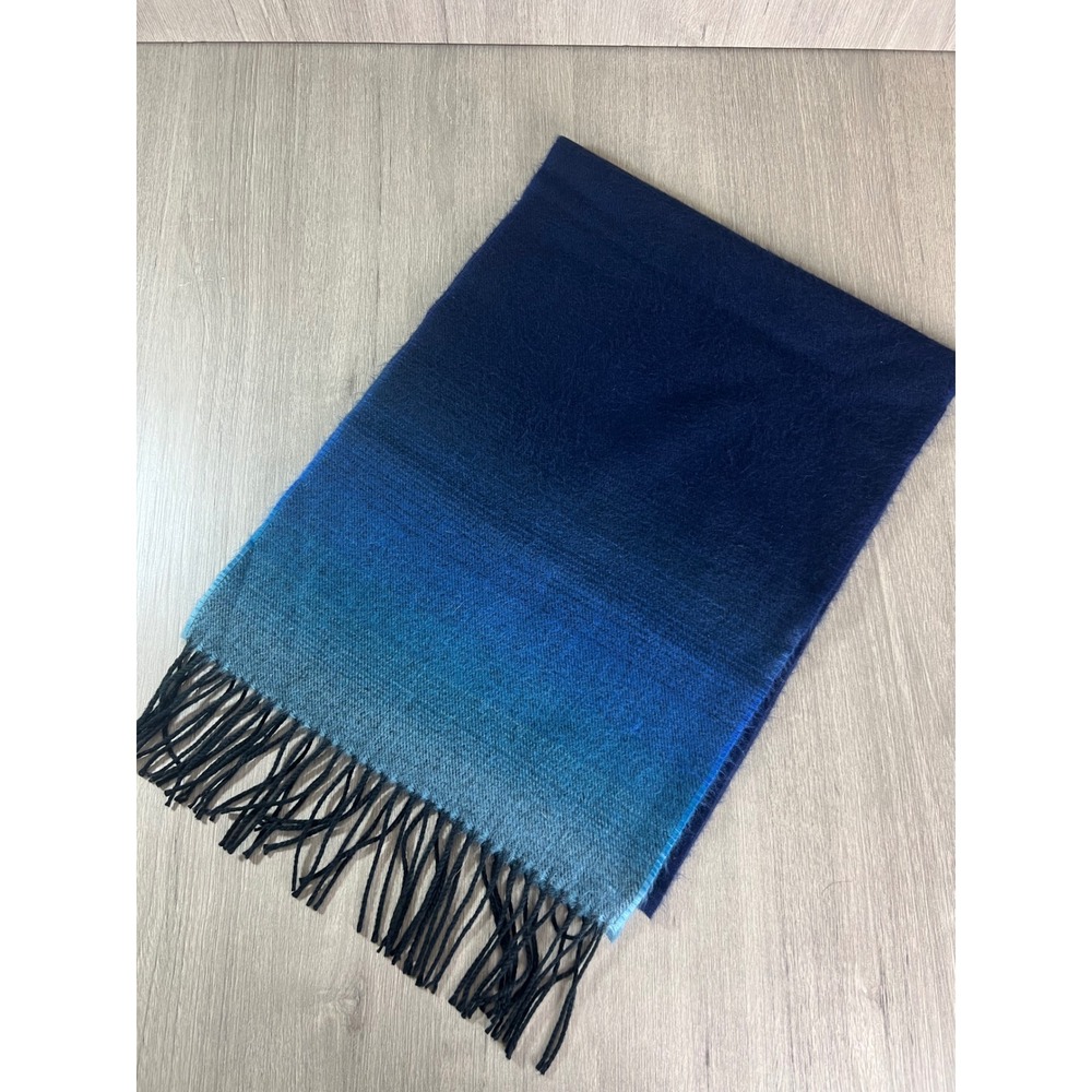 100% Cashmere Scarf Made in Scotland Blue Ombre Gradient Fringed Winter Wrap